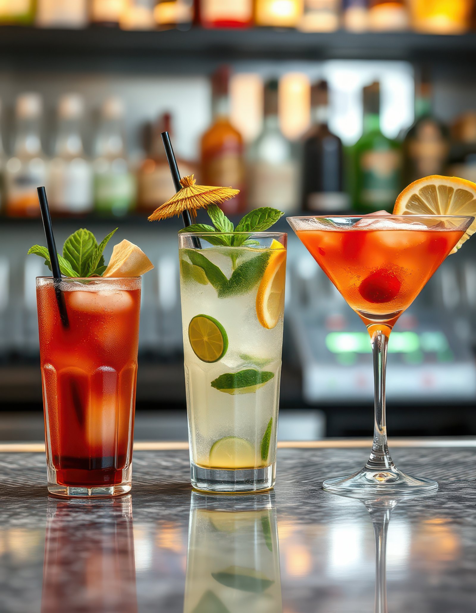 Colorful cocktails displayed on a bar counter with festive garnishes during a summer evening gathering